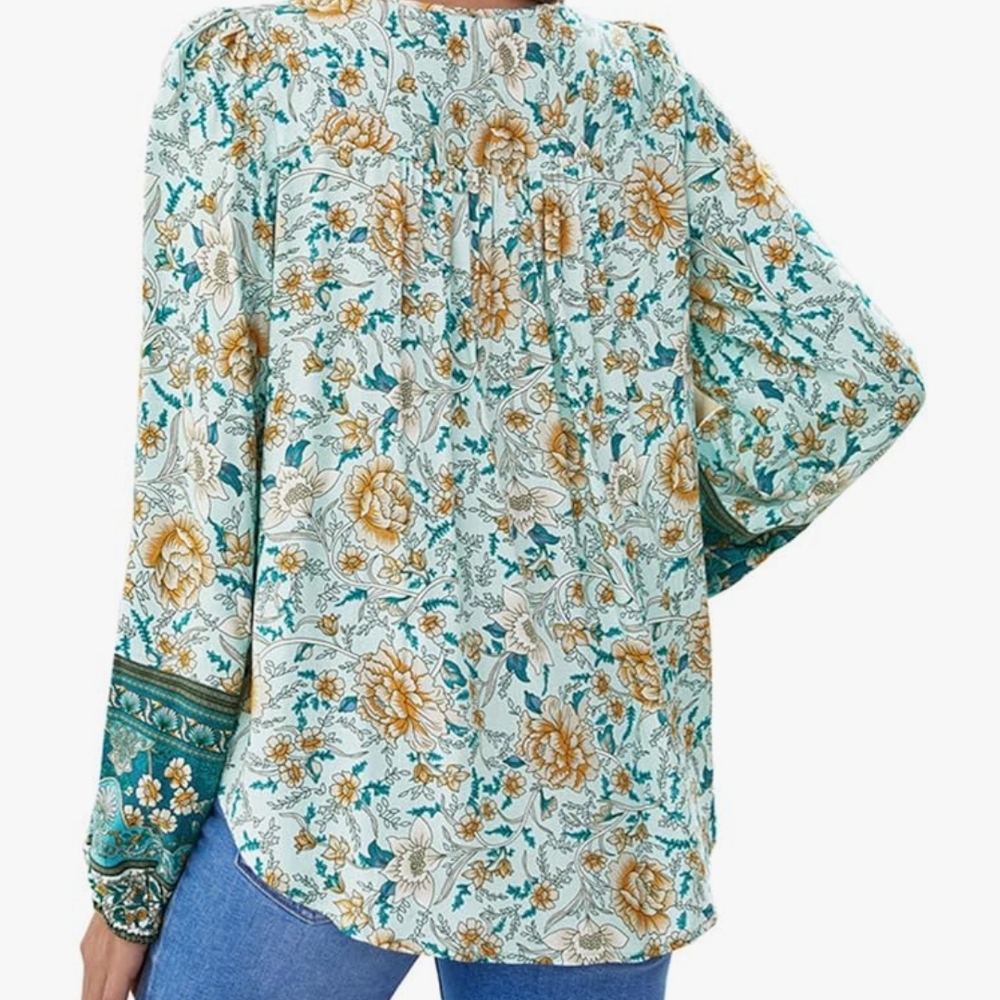 Womens Floral Bohemian Long Sleeve Blouse Babydoll sz L - Picture 9 of 13